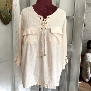 100% LINEN Tunic with lace-up round neck roll tab sleeves & Front Pockets